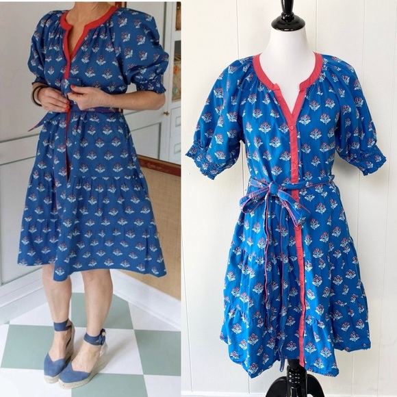 Printfresh x Paper Pencil Co Blue Red White Floral Printed Popover Dress Size M - Picture 1 of 16